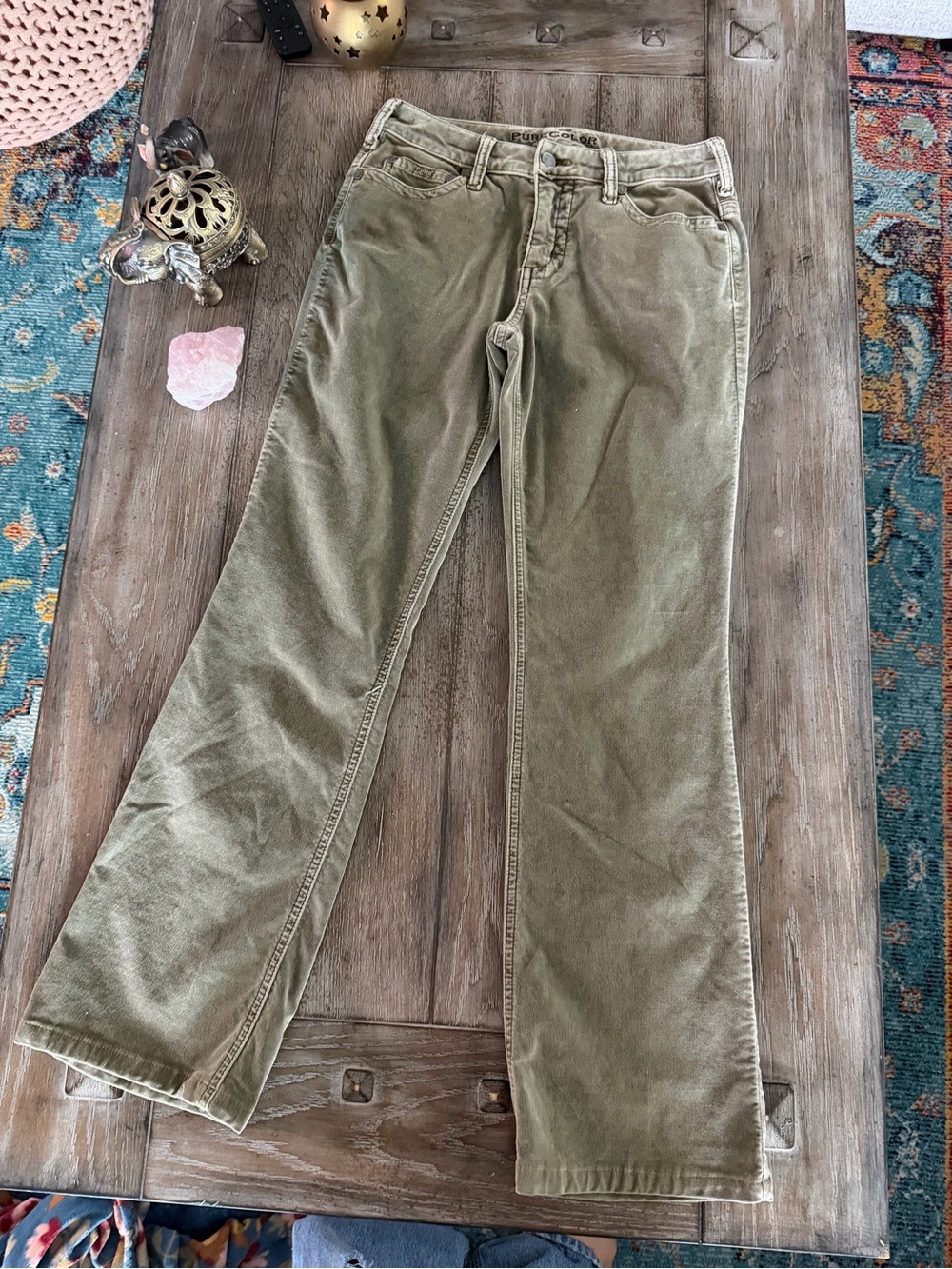 Women's Pure Color Olive Green Velvety Jeans